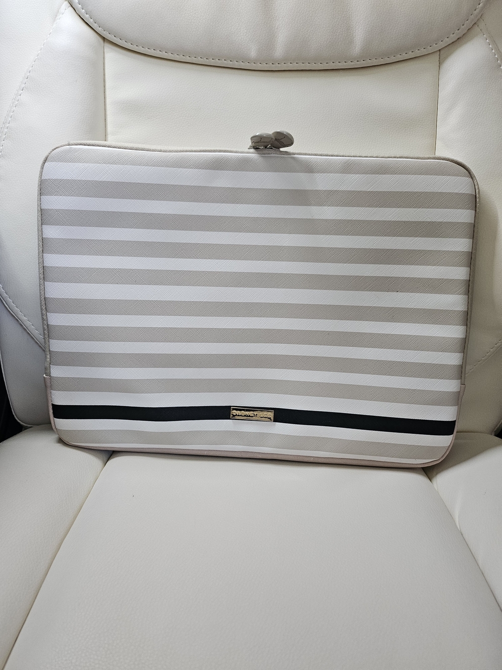 Dabney Lee Beige and White Striped Laptop Sleeve with Black Accent